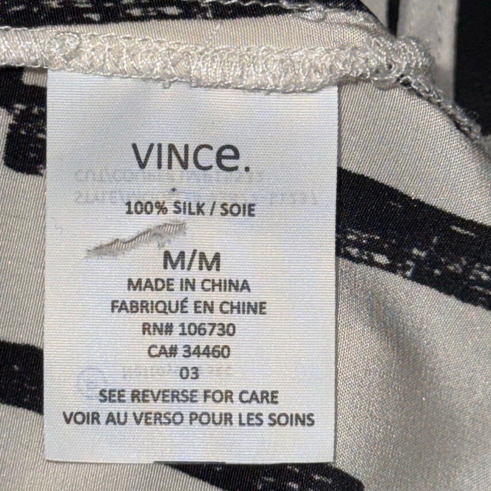 VINCE WOMENS VNECK BLOCK PRINT SLEEVELESS SILK BLOUSE IN BLACK|WHITE-SIZE MEDIUM - Picture 9 of 10
